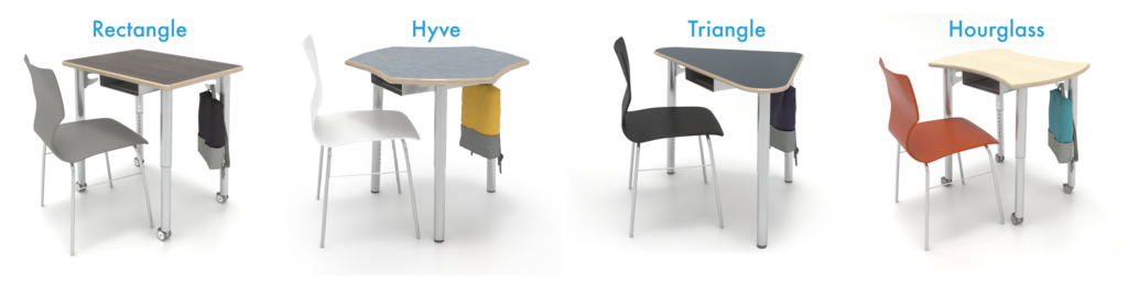 ESTO desks with integrated backpack hooks and adjustable legs