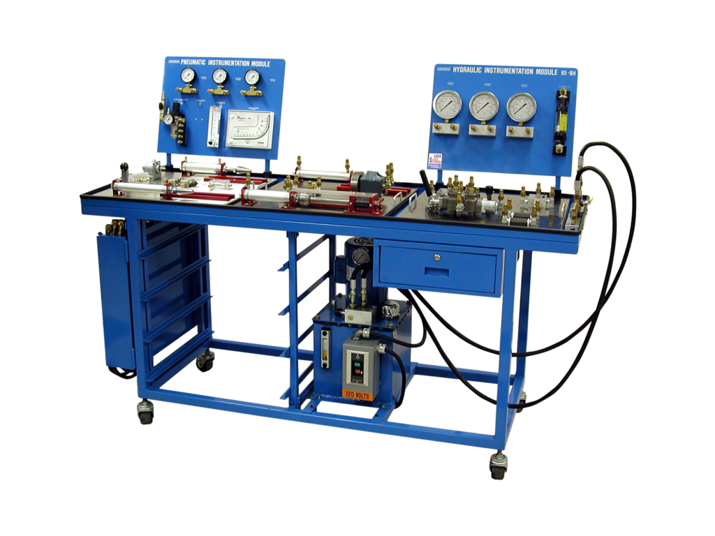 Blue laboratory training bench with pneumatic and hydraulic instrument panels, gauges, and valves on a sturdy blue metal frame with a lower cabinet and wheels.