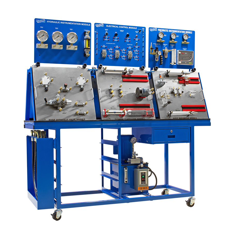 Blue training bench with hydraulic and pneumatic instrumentation panels, gauges, valves, and control modules on top shelf for hands-on labs.