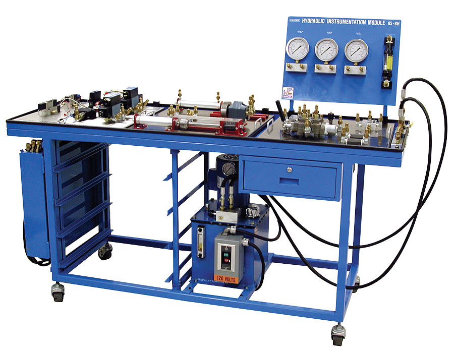 Blue hydraulic instrumentation bench with gauges, valves, and hoses on a control top and a built-in power unit underneath.