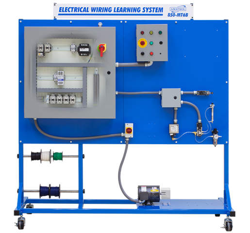 Educational electrical wiring training system on a blue metal stand with control panel, switches, and wiring harnesses.