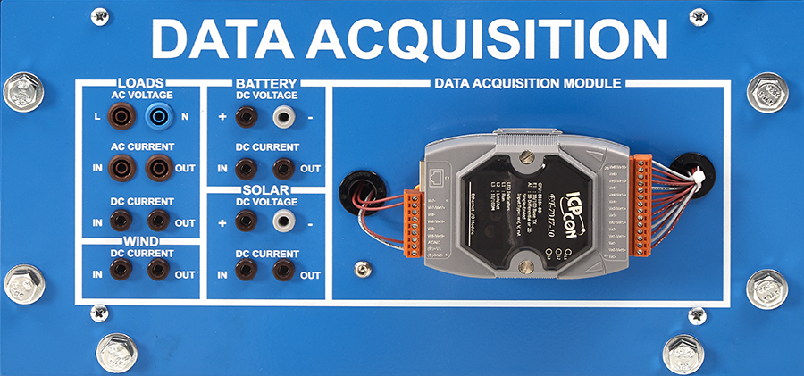Blue data acquisition panel showing multiple input connectors and a central data acquisition module; labeled sections for AC loads, DC current, wind, and solar inputs.