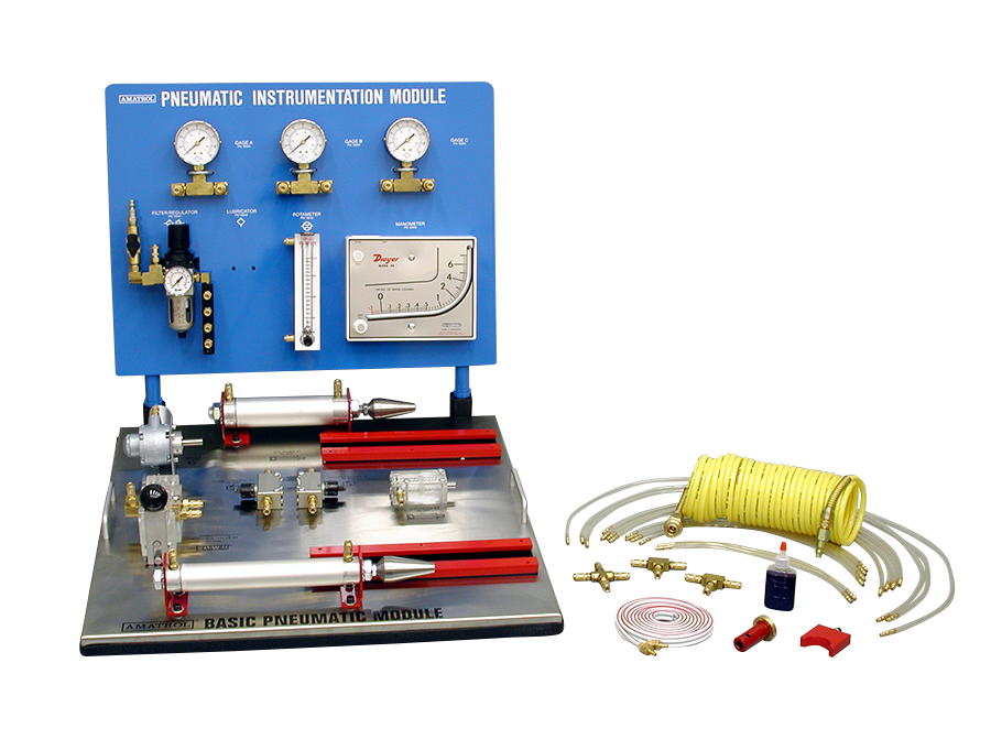 Blue pneumatics teaching panel labeled 'Pneumatic Instrumentation Module' with gauges and control valves mounted above a metal bench, plus hoses and fittings to the right for experiments.