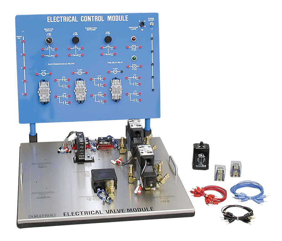 Blue electrical control module training rig with labeled switches and relays mounted on a metal base, plus wiring harnesses and connectors for educational use
