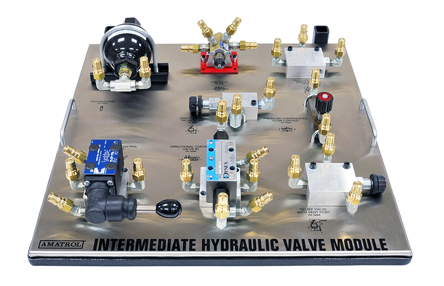 Metal panel labeled 'Intermediate Hydraulic Valve Module' with numerous brass fittings, valves, and blue/black control components arranged across the stainless surface (brand: Amatrol).