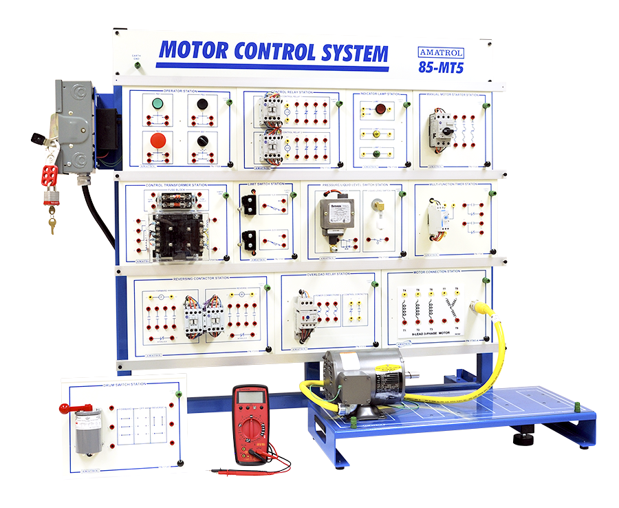 Educational motor control system training panel with multiple labeled control stations and indicator lights, mounted on a blue frame with a small motor setup and a red multimeter in front.