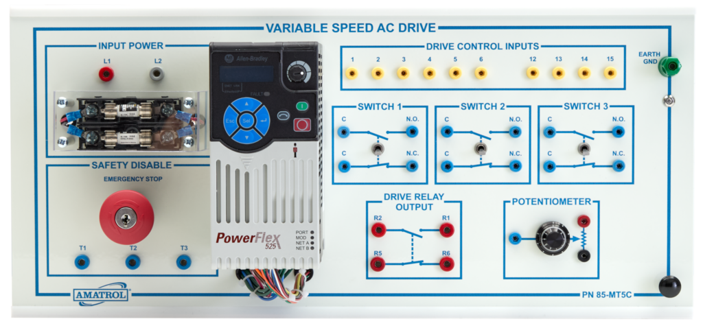 Front panel of a variable speed AC drive training board with a red emergency stop and blue terminal blocks