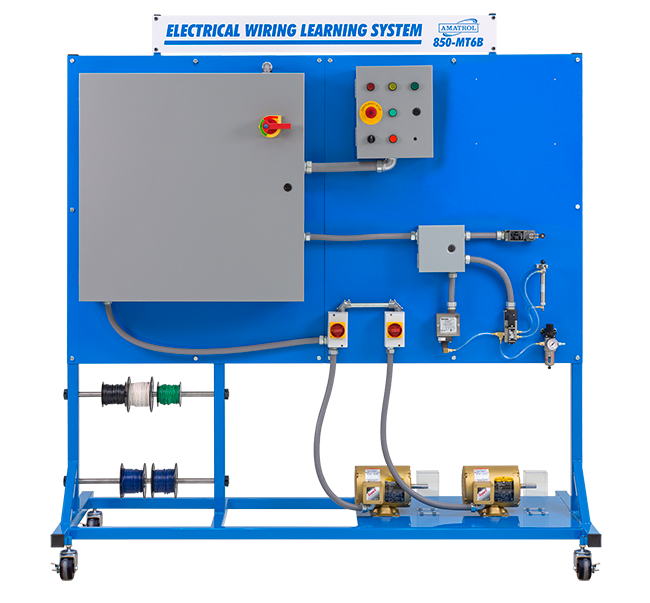 Blue electrical wiring learning system panel with a gray cabinet, control box with emergency stop, and wired components on a wheeled frame.
