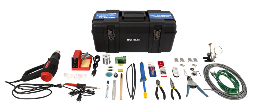 Complete electronics repair kit spread out with a black carrying case, soldering iron, hot-air rework station, pliers, wires, and assorted accessories.