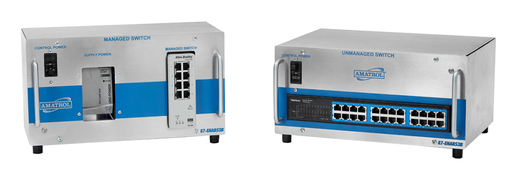 Two metal network switches: the left is a managed switch with a control power area, the right is an unmanaged 24-port switch with many RJ-45 ports.