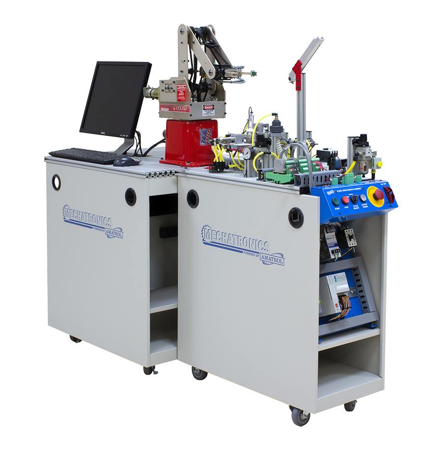 Mechatronics training workstation on a wheeled cart with a computer monitor, robotic arm, and control panel.