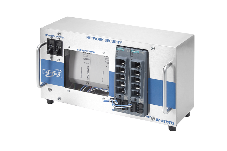 Industrial network security rack unit with two vertical plug-in modules and blue branding, labeled Network Security.