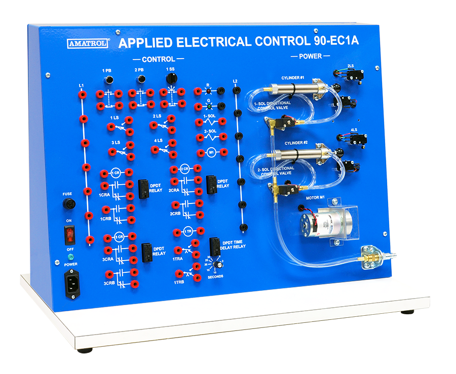 Blue training panel labeled 'Applied Electrical Control 90-EC1A' with wiring terminals, relays, solenoids, and a small motor assembly for teaching circuits (informative).