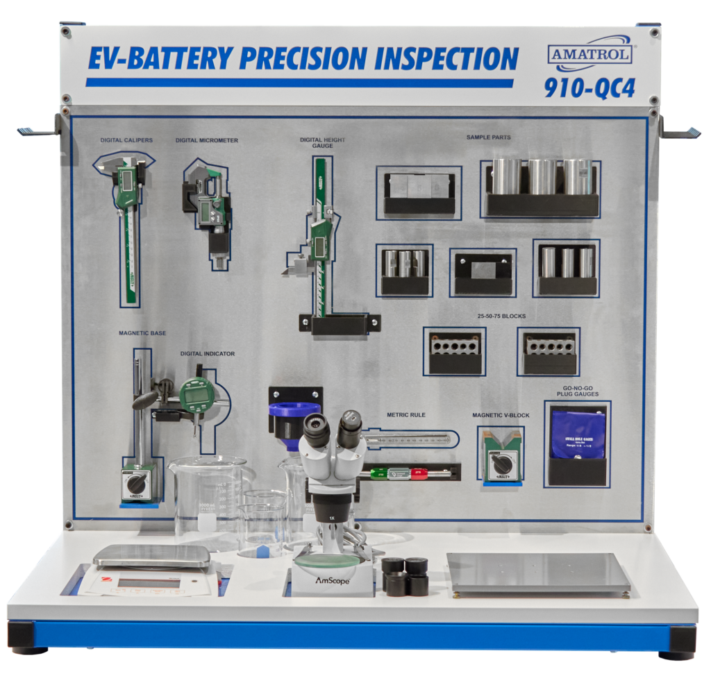 Training lab panel showing EV-battery precision inspection setup with labeled components and tools on a wall-mounted diagram panel, Amatrol branding visible on top right.