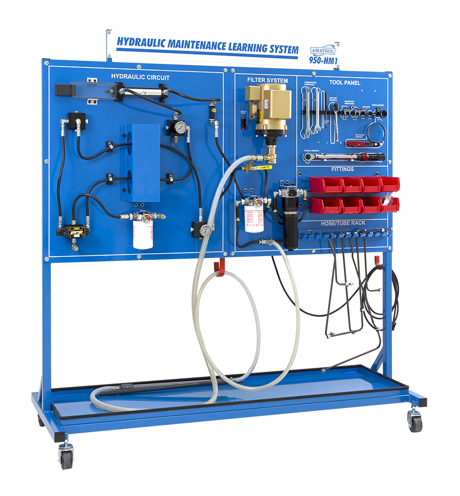 Blue hydraulic maintenance learning system panel with labeled sections, hoses, gauges, and red tool bins on a wheeled stand.