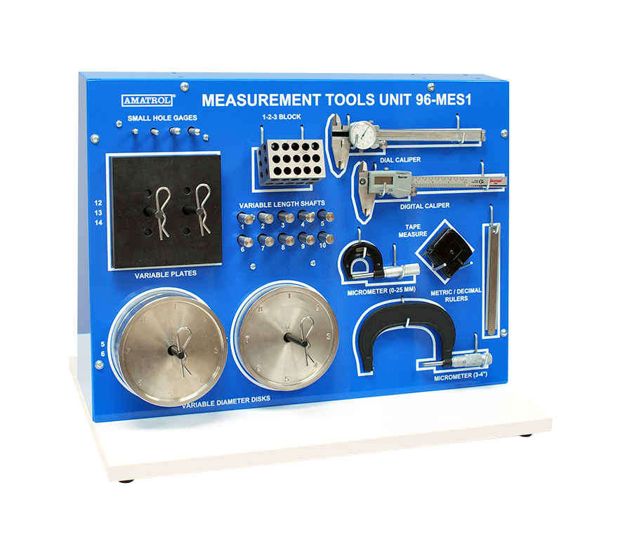 Blue measurement tools teaching panel labeled 'Measurement Tools Unit 96-MES1' with calipers, rulers, gauges, and two large silver disks on a white base