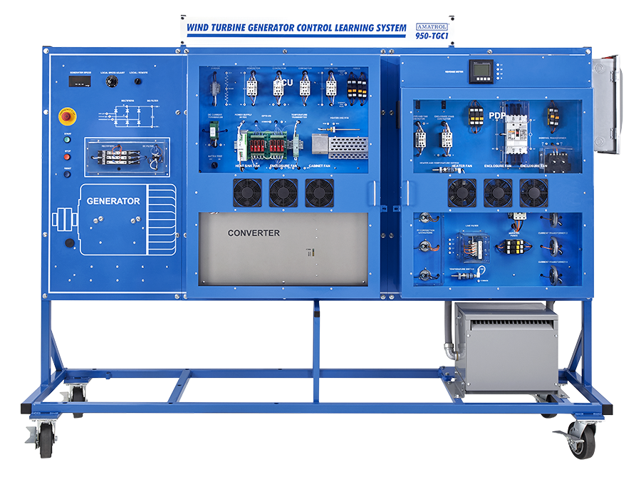 Blue wind-turbine generator control learning system mounted on a wheeled frame with multiple control panels and wiring.