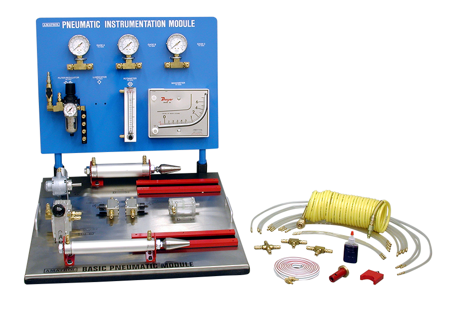 Blue Pneumatic Instrumentation Module with gauges and controls mounted on a metal base; includes tubing, fittings, a yellow coiled hose, and assorted components on the right.