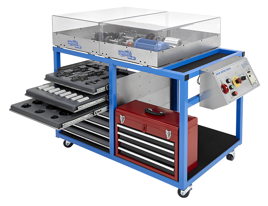 Tool cart on wheels with multiple drawers, a transparent tool enclosure on top, and a red tool chest beneath; a control panel on the side suggests a powered workshop machine.