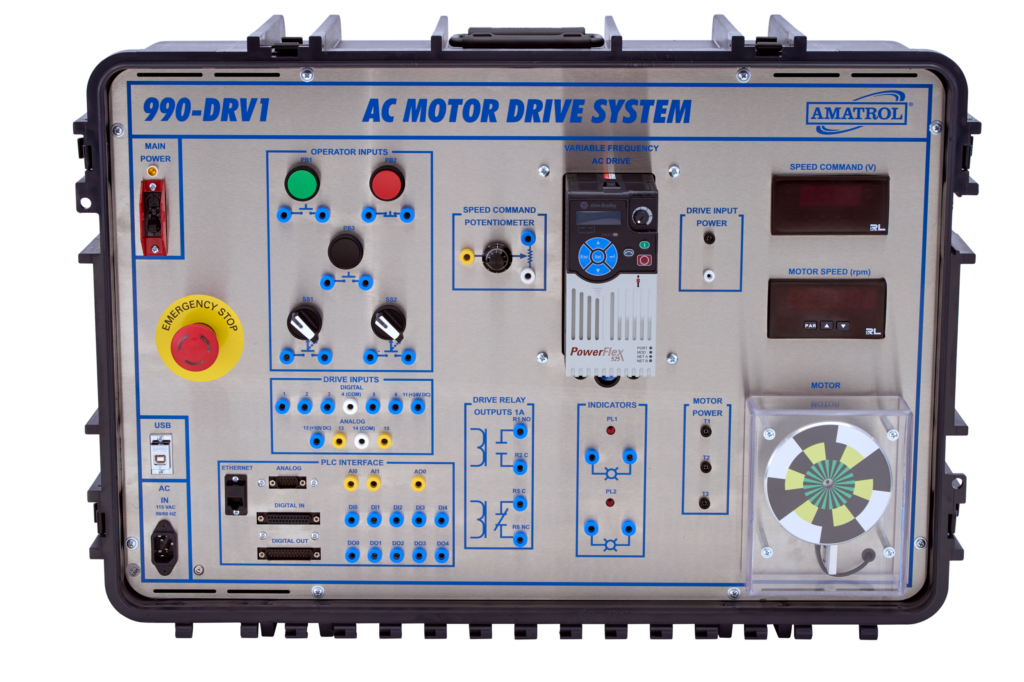 Industrial control panel labeled AC MOTOR DRIVE SYSTEM with emergency stop, power switch, green and red operator buttons, displays, and a circular gauge at the bottom right.