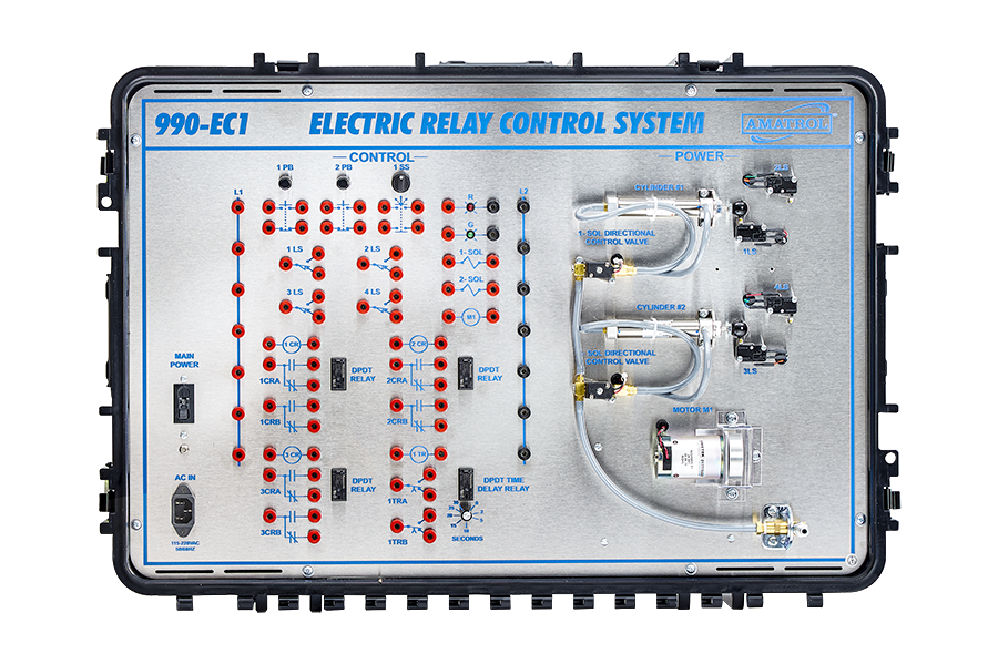 Front panel of an electric relay control system with labeled relays, switches, and wiring (990-EC1)