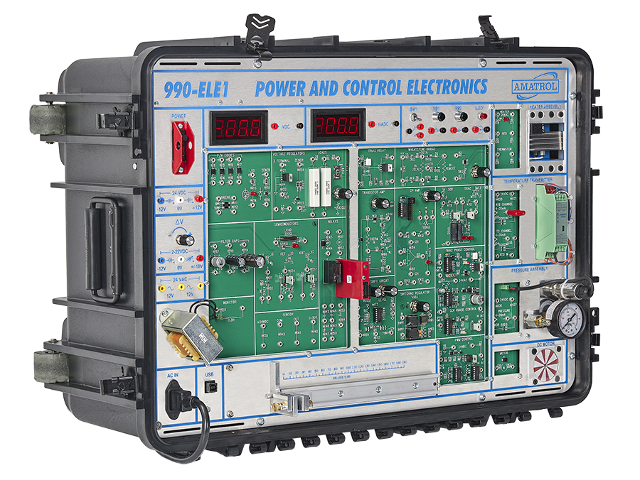 Power and control electronics trainer with green circuit boards, knobs, switches, and digital displays on a rugged metal case, labeled 990-ELET.