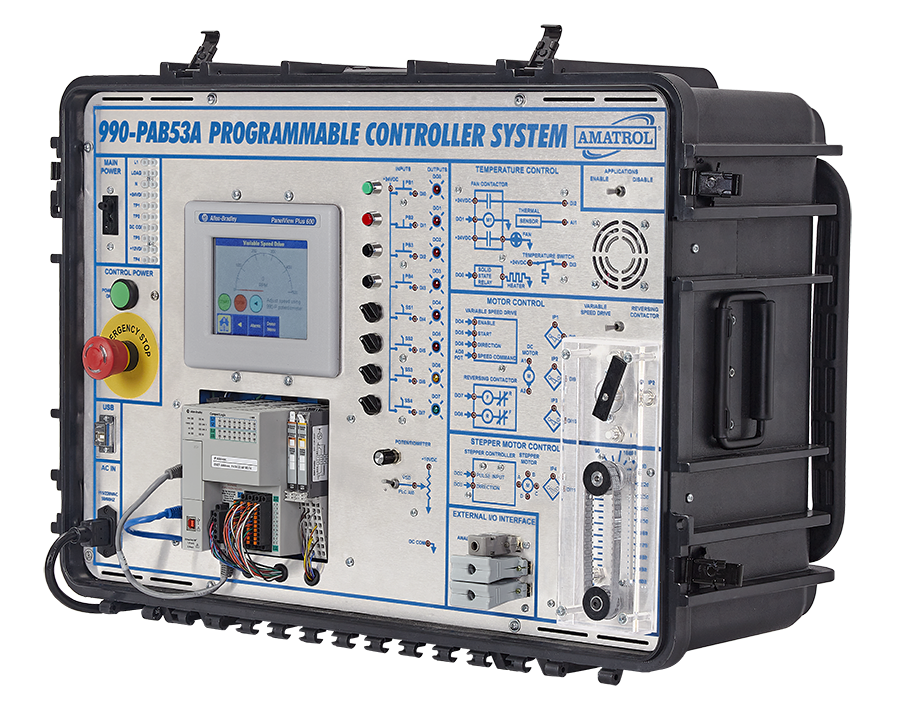 Portable programmable controller training unit mounted in a rugged case with a digital display and wiring module