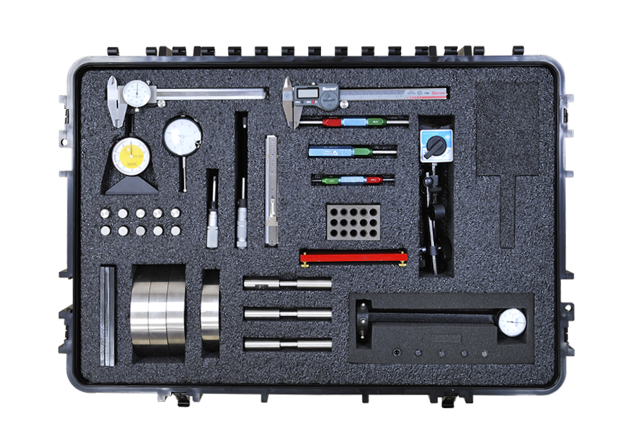 Compact precision measurement tool kit in a foam-lined case, containing calipers, micrometers, dial indicators, gauge blocks, rulers, and various measurement accessories.