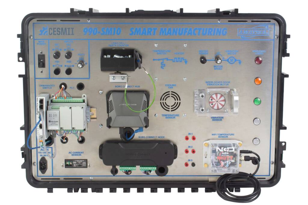 Industrial control panel inside a metal enclosure labeled 'SMART MANUFACTURING' with wiring, connectors, and a visible power switch.