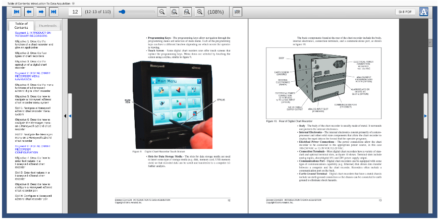 Two-page PDF viewer showing a handheld touchscreen device on the left and a labeled diagram of a digital data recorder on the right.