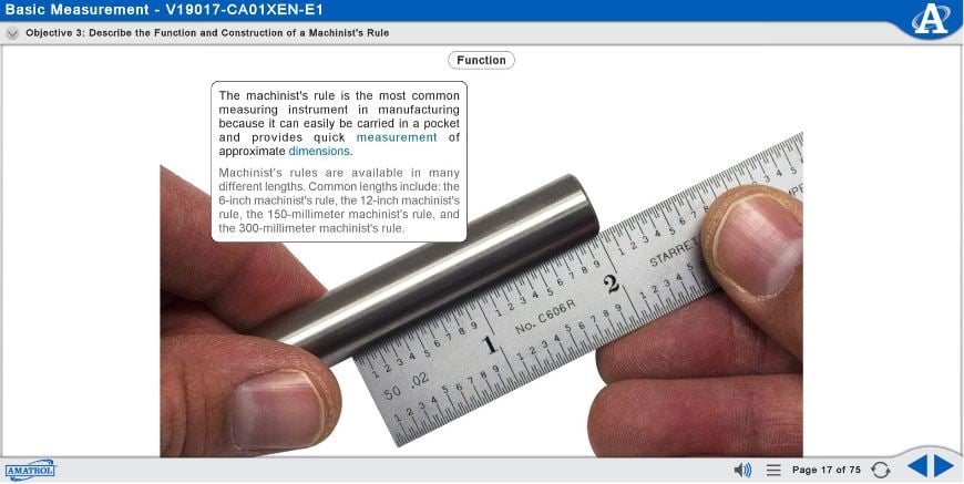 Close-up of a stainless steel machinist's rule held by two hands, showing inch markings and a label about different machinist's rules and their use for measuring dimensions of objects.