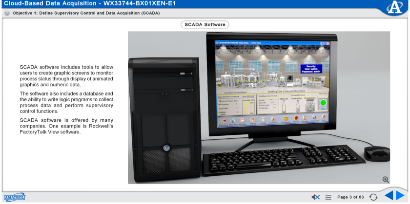 Desktop PC setup (tower, monitor, keyboard) displaying a SCADA software dashboard for factory data acquisition on the screen; descriptive text block visible to the left.