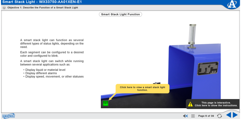 Tutorial screenshot: blue Smart Stack Light device with display panel; text bullets describe its functions and status indicators.