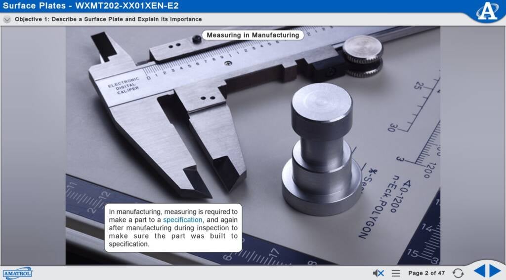 Measuring tools (caliper and rulers) on a drafting surface, illustrating manufacturing measurement for quality control with a caption about specification nearby