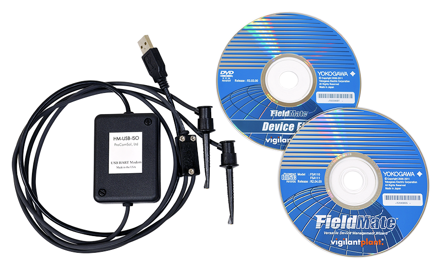 USB modem with attached probe cables and two blue FieldMate CDs on a white background, used for device monitoring/maintenance.