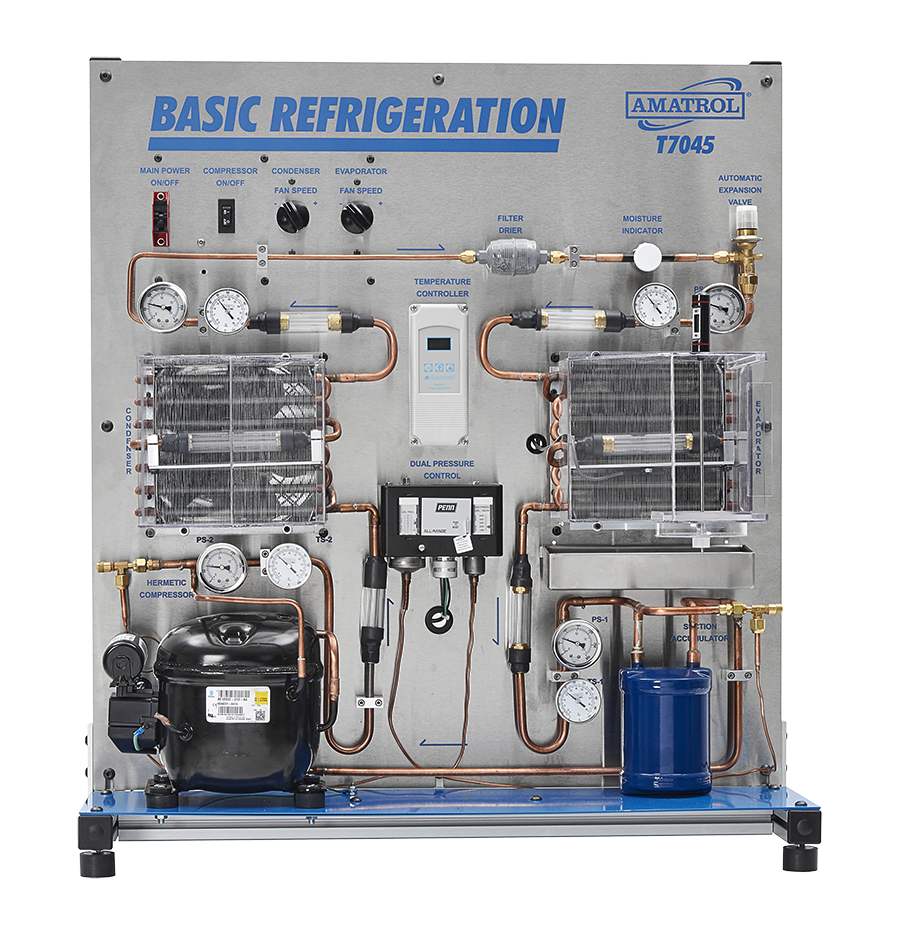 Panel labeled 'Basic Refrigeration' with dual pressure control, gauges, copper piping, and components for refrigeration training (Amatrol T7045)