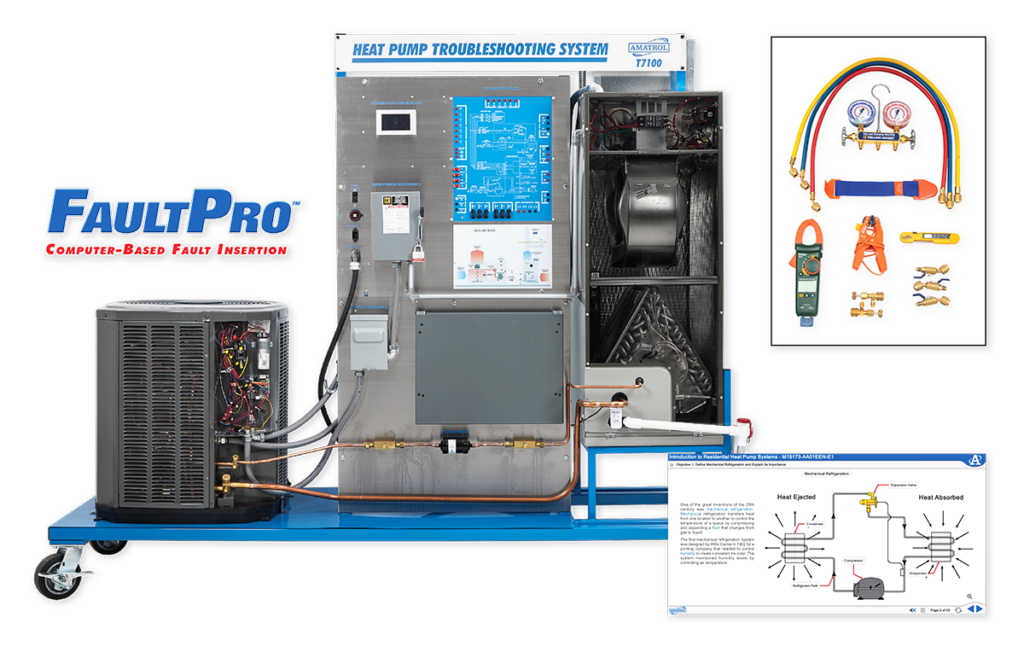 FaultPro heat pump troubleshooting training system on a blue cart with control panel and compressor components, plus a tool kit inseted.