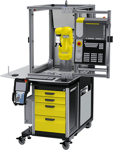 Industrial robotic arm in a framed workstation with a control panel and a yellow tool cabinet on wheels.