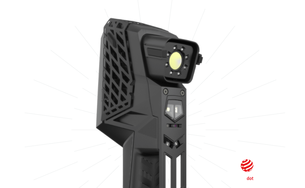 Handheld high-power LED spotlight with a bright circular front LED and rugged black body, rays emanating in all directions as if shining light outward.