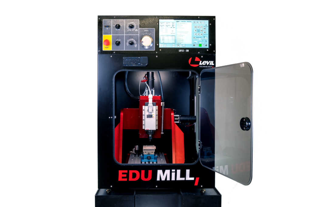 Industrial milling machine with a red frame, black exterior, and an open side door revealing internal tooling and controls.