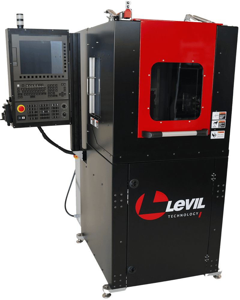 Levil Technology laser welding machine with red front window, black body, and control panel on the left.