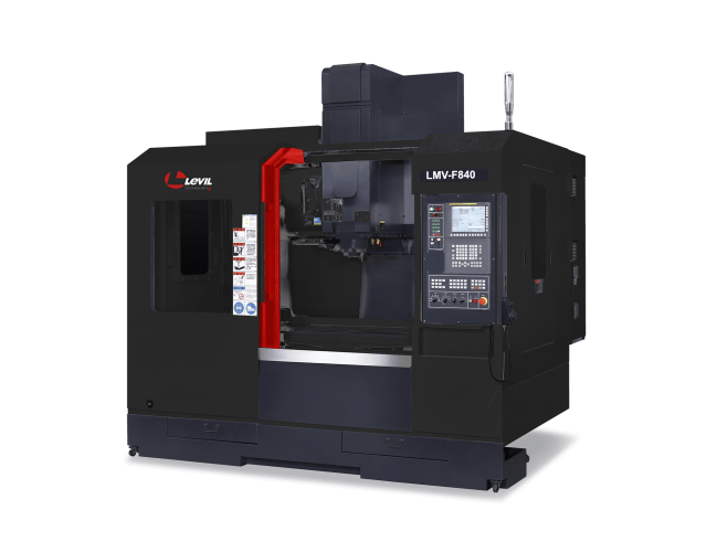 CNC milling machine with control panel and red safety door, labeled LMV-F840/Levil on dark industrial base.