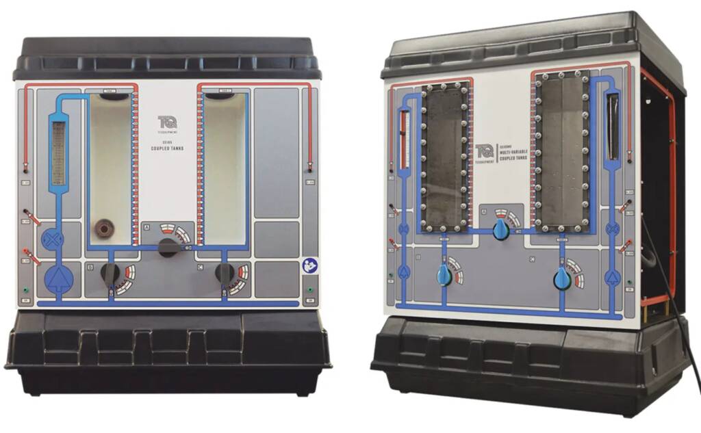 Two lab demonstration cabinets showing blue and red fluid diagrams, gauges, and valves for a multi-tank coupled system.
