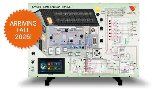 Educational hardware panel labeled 'Smart Home Energy Trainer' with wiring diagrams; orange badge reads 'Arriving Fall 2026!'