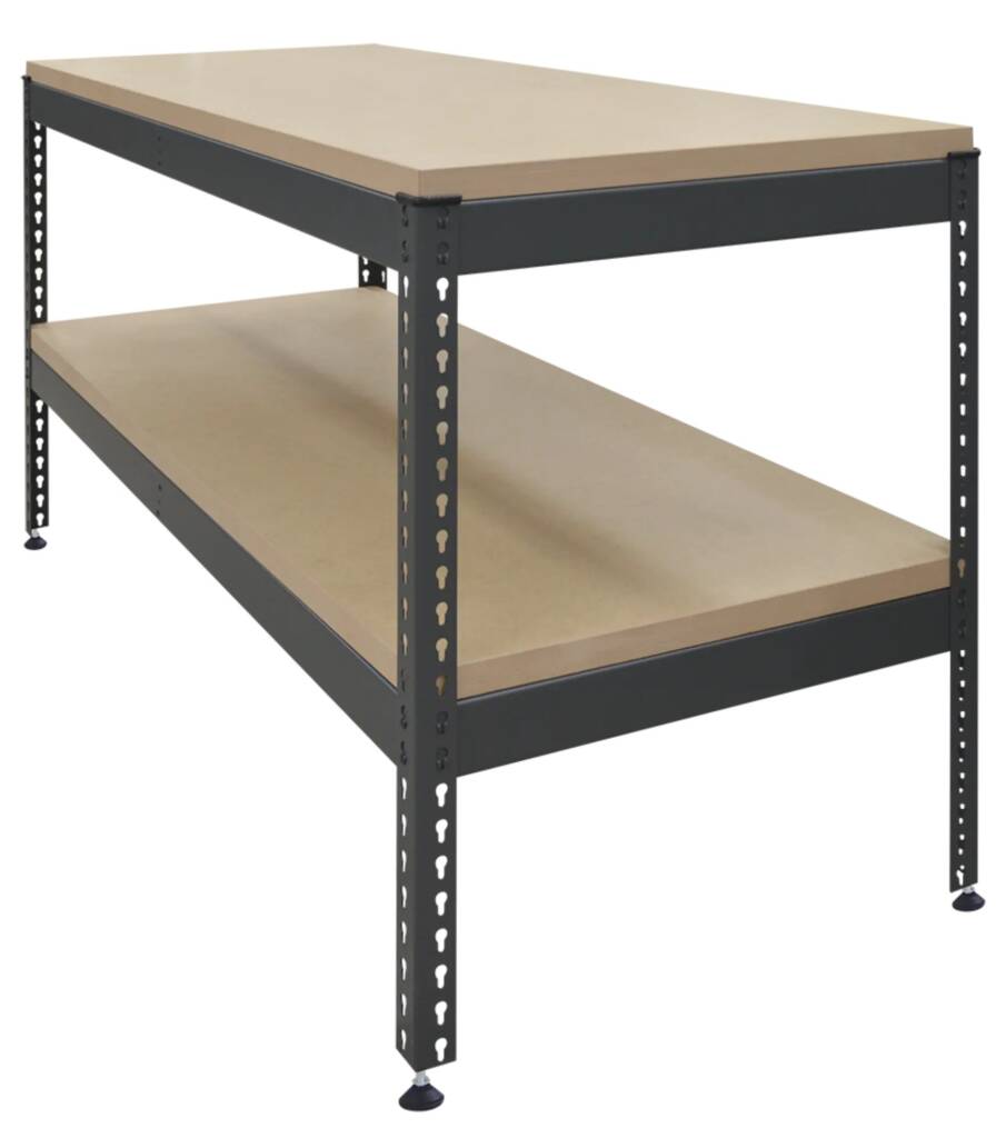 Industrial metal shelving unit with three wooden shelves and adjustable uprights for storage warehouse use.