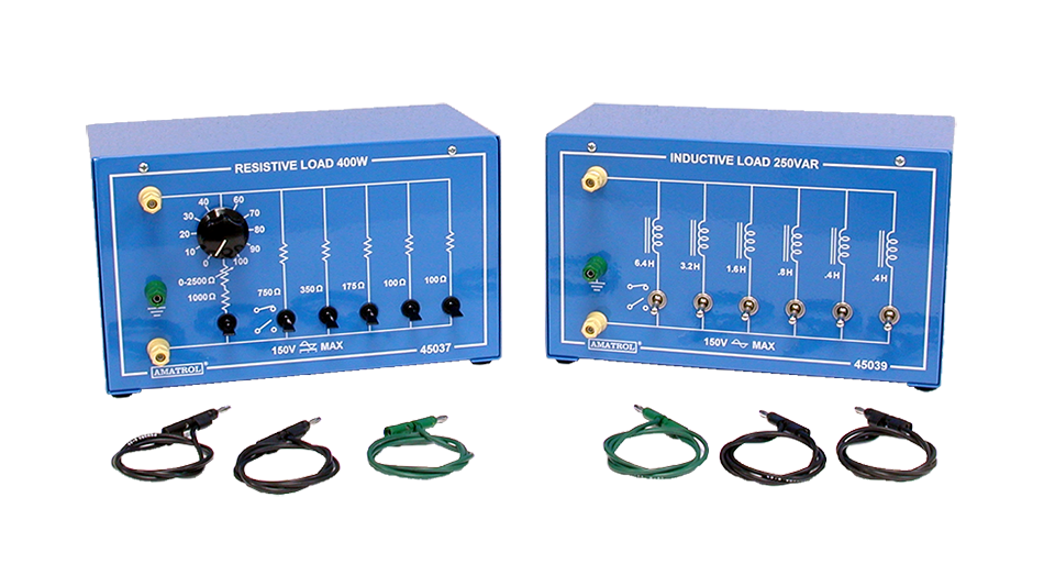 Two blue electrical training panels labeled Resistive Load 400W and Inductive Load 250VAR with multiple terminals and color test leads, used for experiments in electronics education.