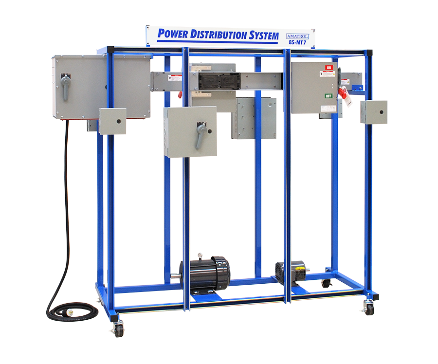 Blue steel frame labeled Power Distribution System with multiple electrical control panels and drive motors mounted on a wheeled rack in a lab setting.