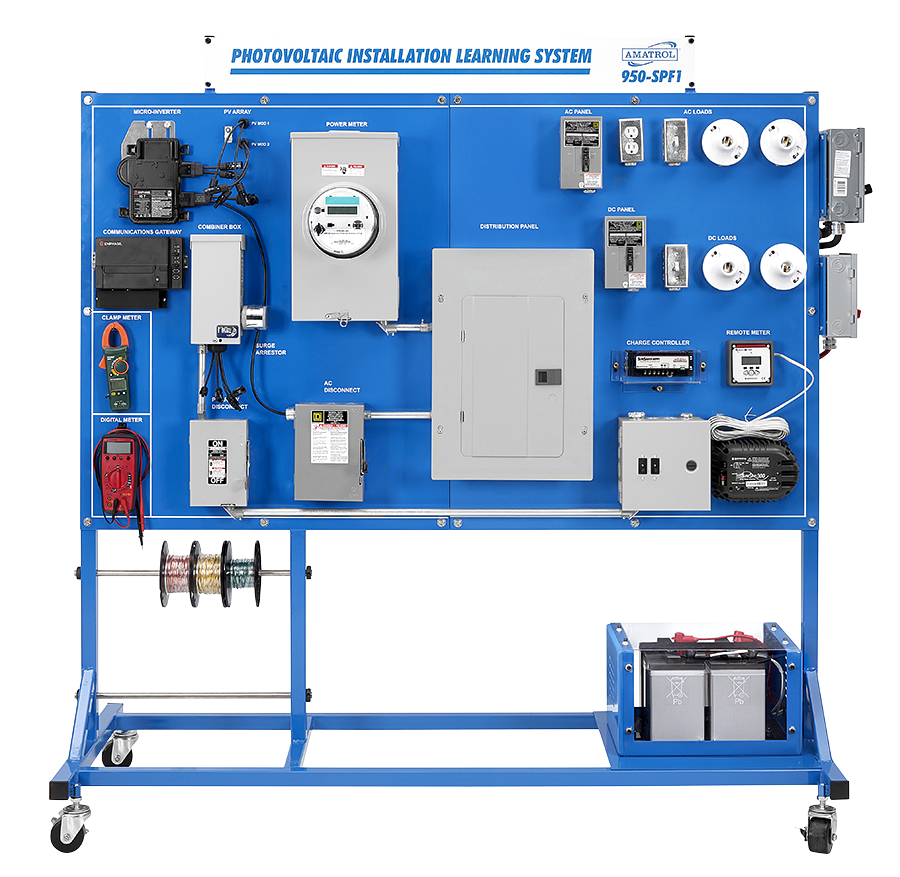 Blue photovoltaic installation training board on a wheeled stand, showing meters, relays, wiring, and a battery bank for learning and demonstration purposes.