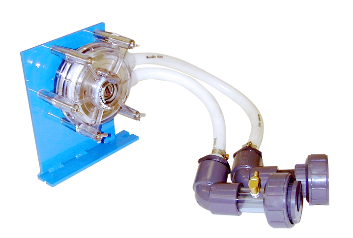 Industrial fluid-transfer assembly: blue mounting plate with a transparent rotary coupling connected to two white hoses and gray quick-connect fittings