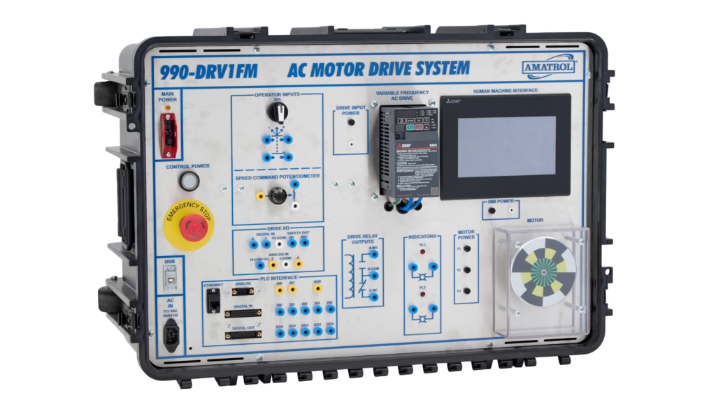 AC motor drive control panel with multiple labeled controls and a display screen for industrial machinery setup (Amatrol unit)